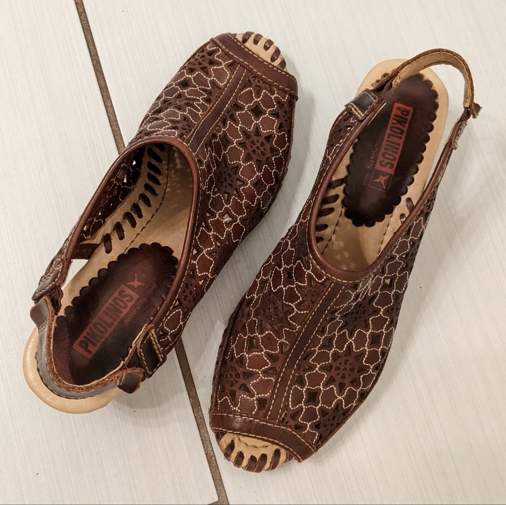 Pikolinos brown perforated heels sandals size 36